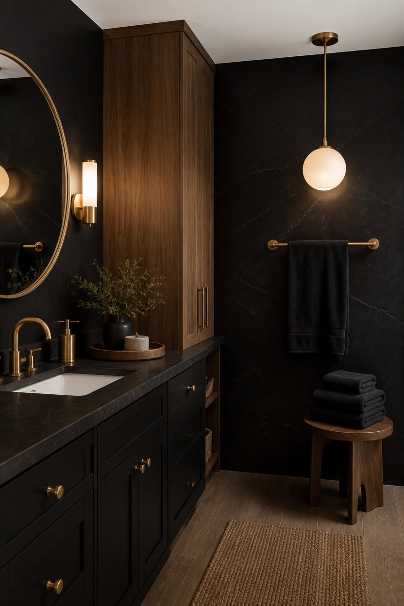 deep black vanity vignette with brass