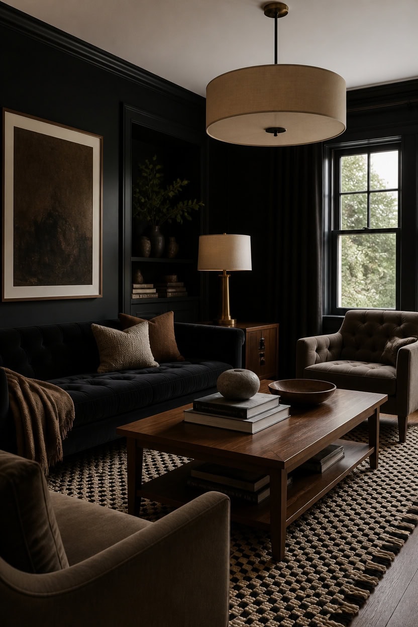 deep black warm wood accents
