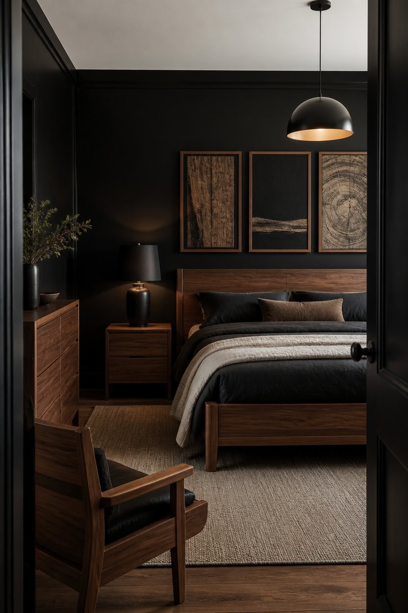 deep black wood bedroom centerpiece