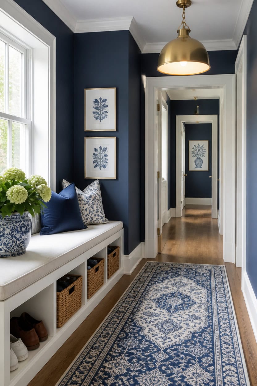 deep blue crisp white hallway