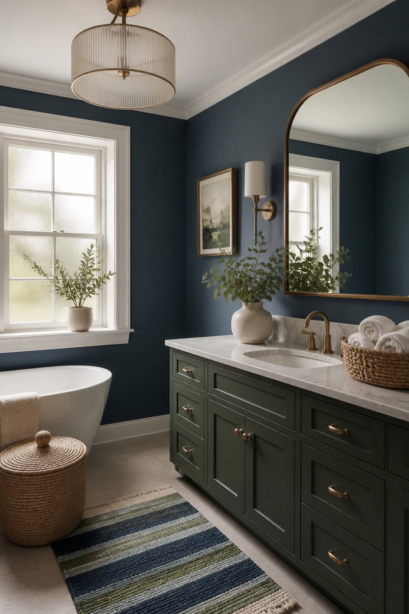 deep blue green bathroom vignette