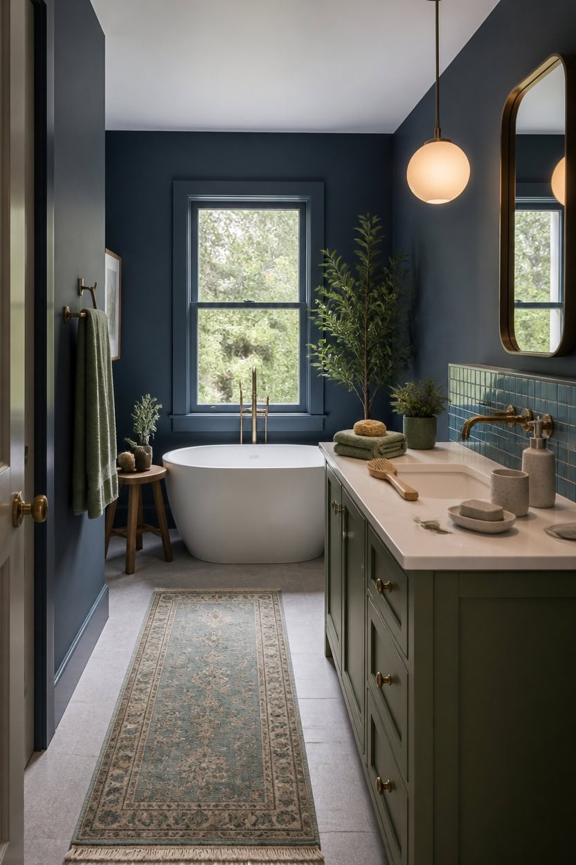 deep blue green bathroom vignette