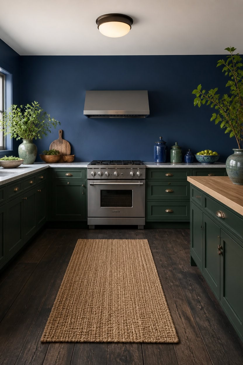 deep blue green grounded kitchen