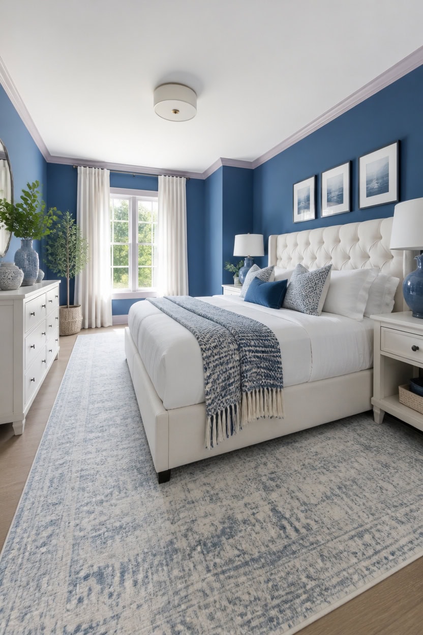 deep blue grounded bedroom scheme