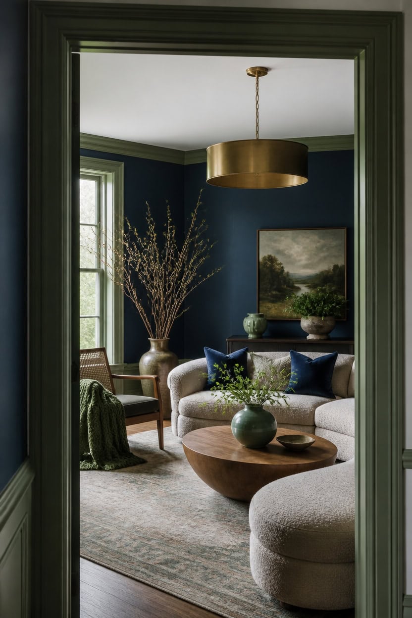 deep blue grounded green accents