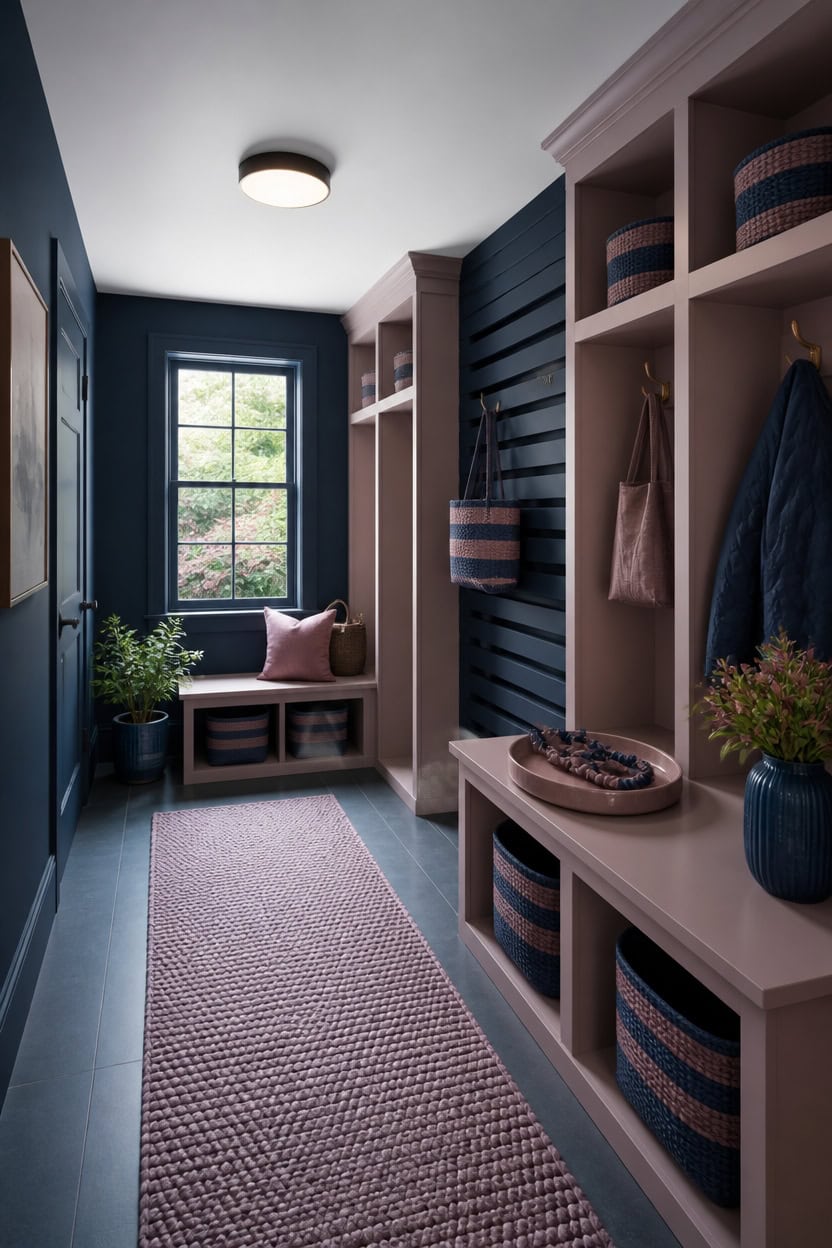 deep blue mauve entryway vignette
