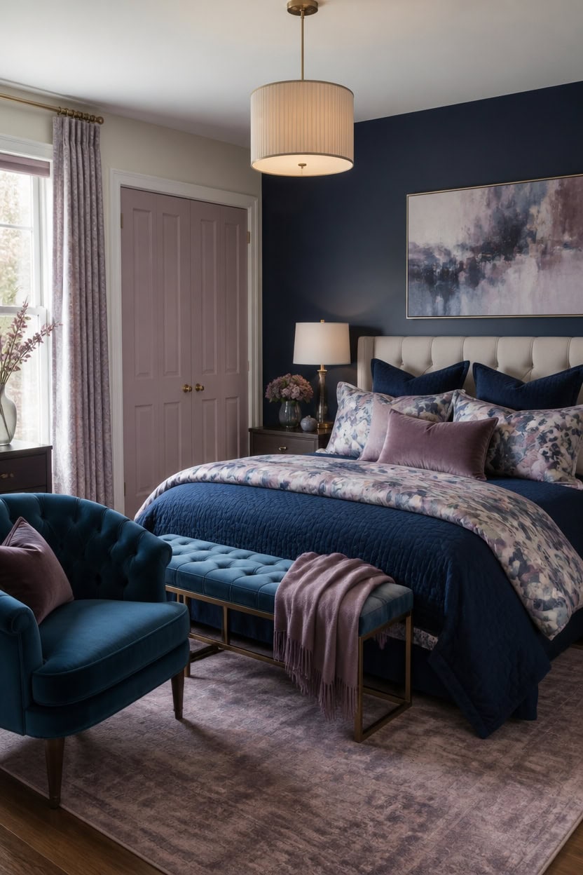 deep blue mauve layered bedding