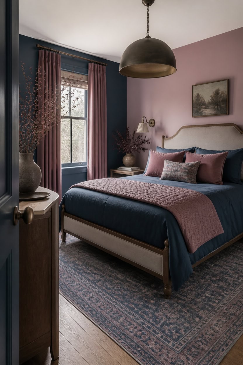 deep blue mauve tranquil bedroom