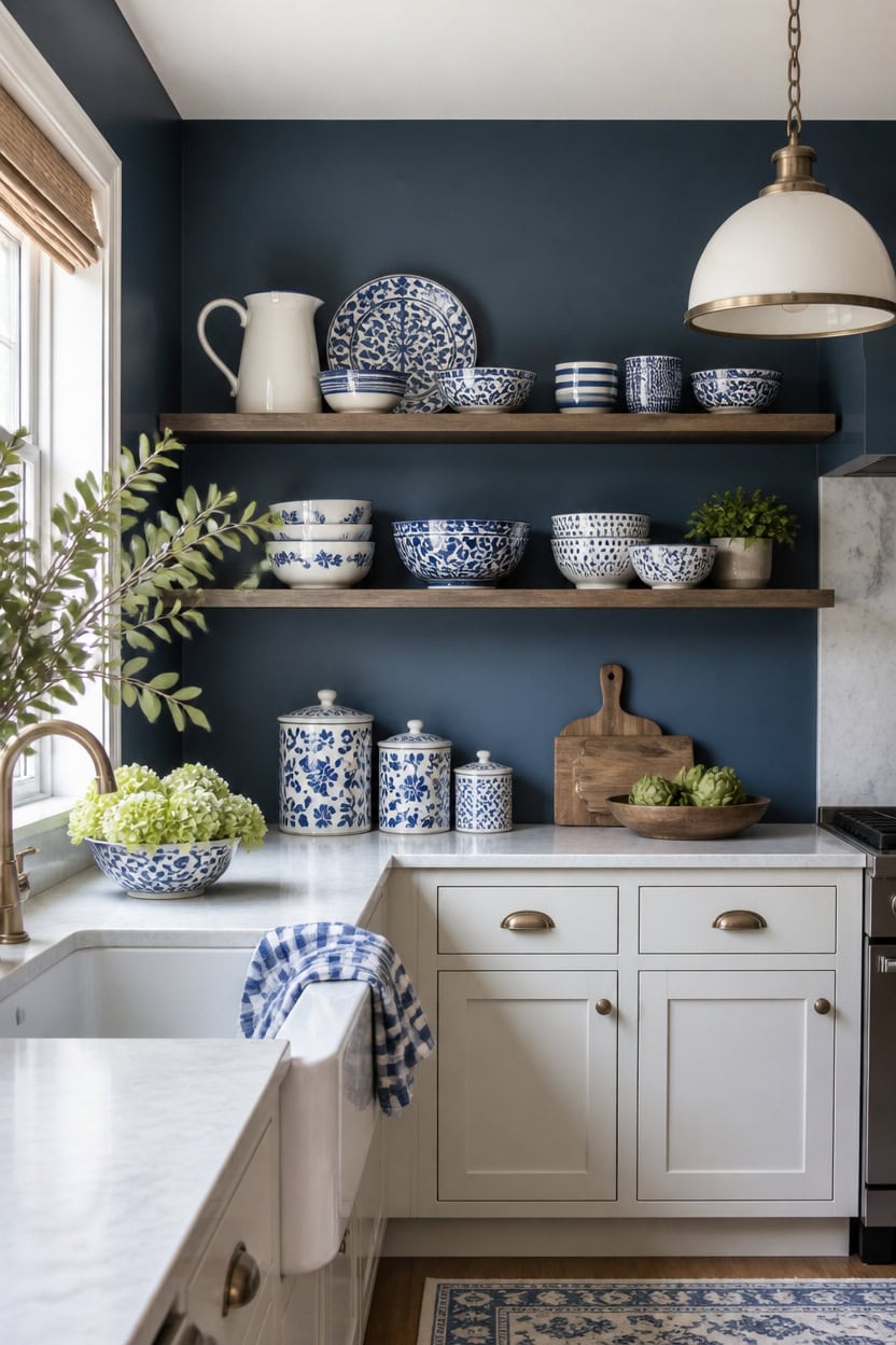 deep blue patterned kitchen display