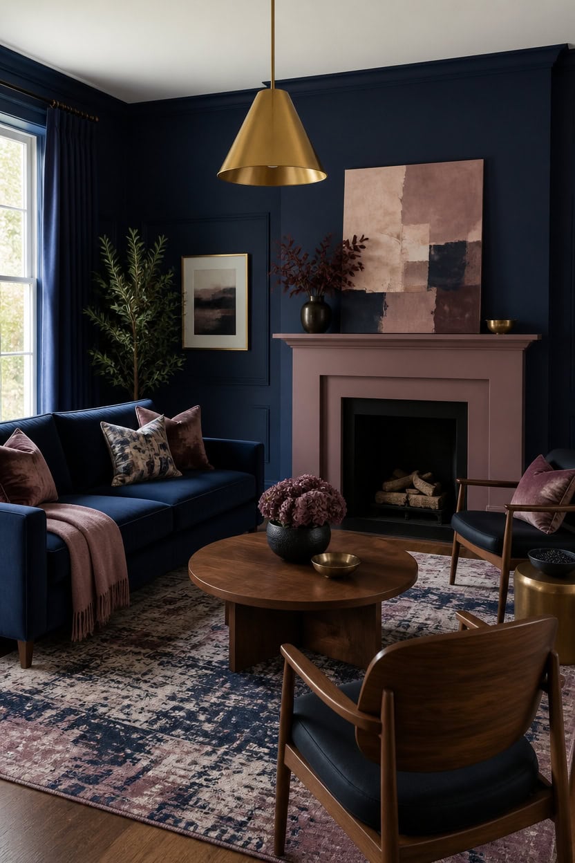 deep blue room with mauve