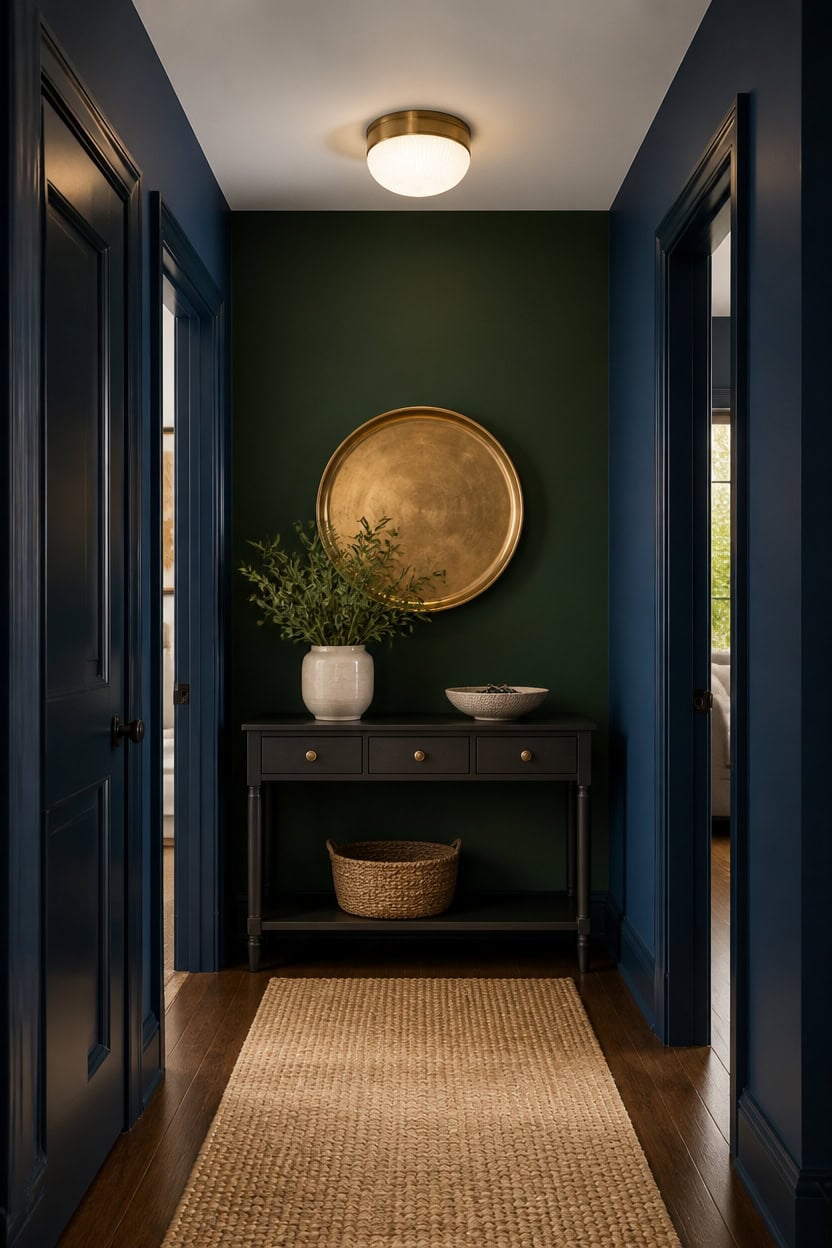 deep navy forest green hallway