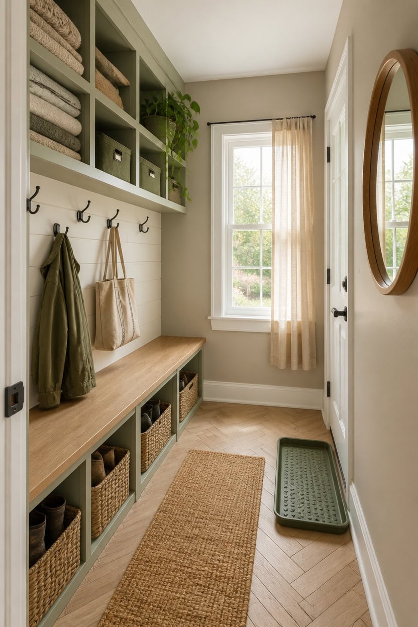 Bright mudroom with shelves, hooks, and a window for natural light.