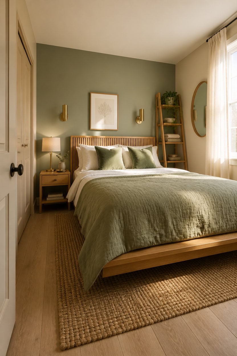 Comfortable bedroom with green bedding, natural light, and modern decor.