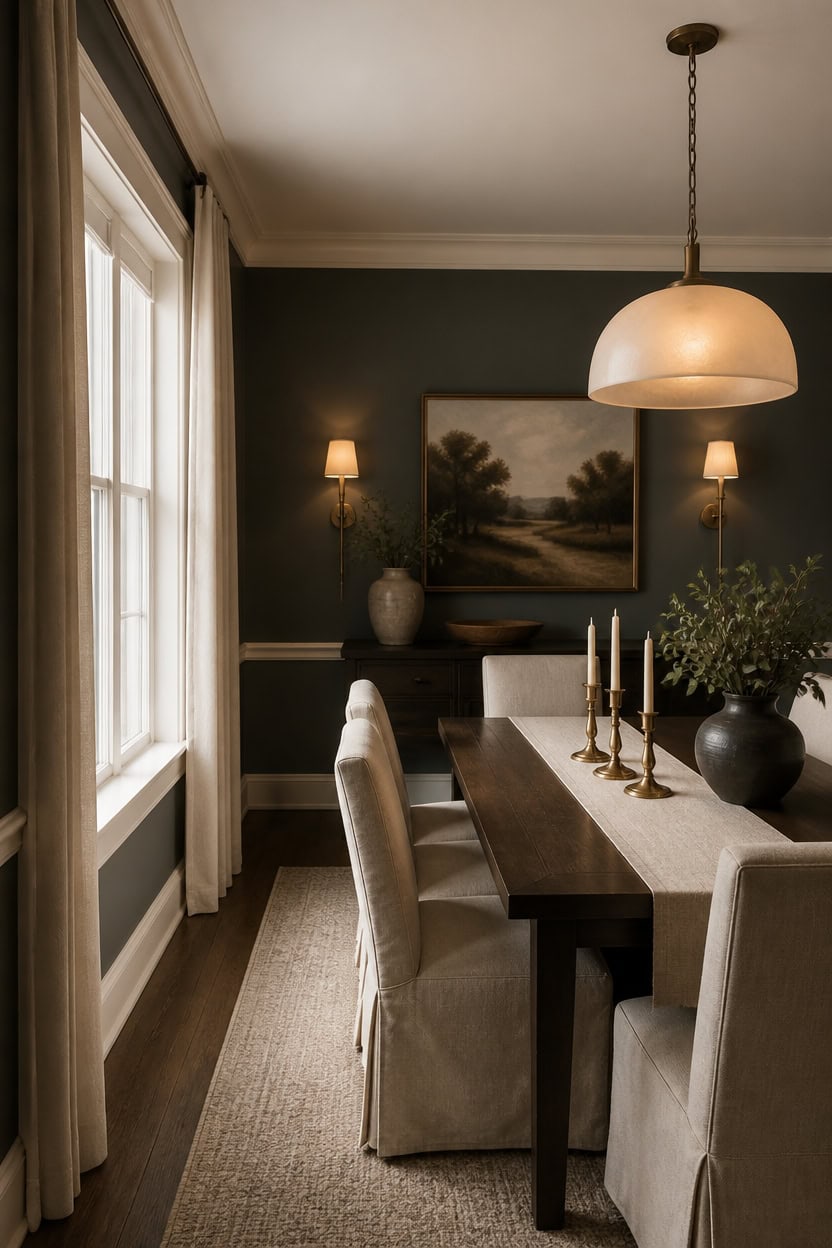dimmed brass lit gray dining