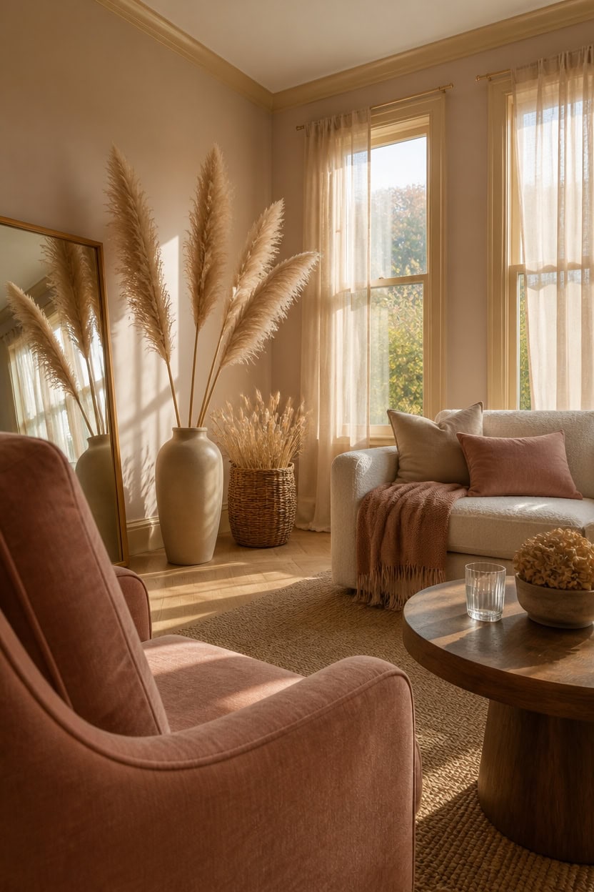 Bright living room with large windows, beige curtains, and stylish furniture.