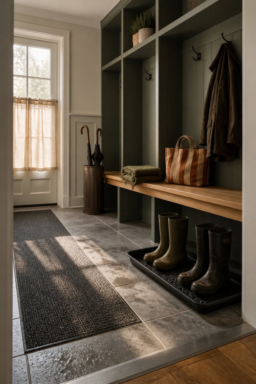 Entryway with hooks, bench, and boots in a modern apartment.