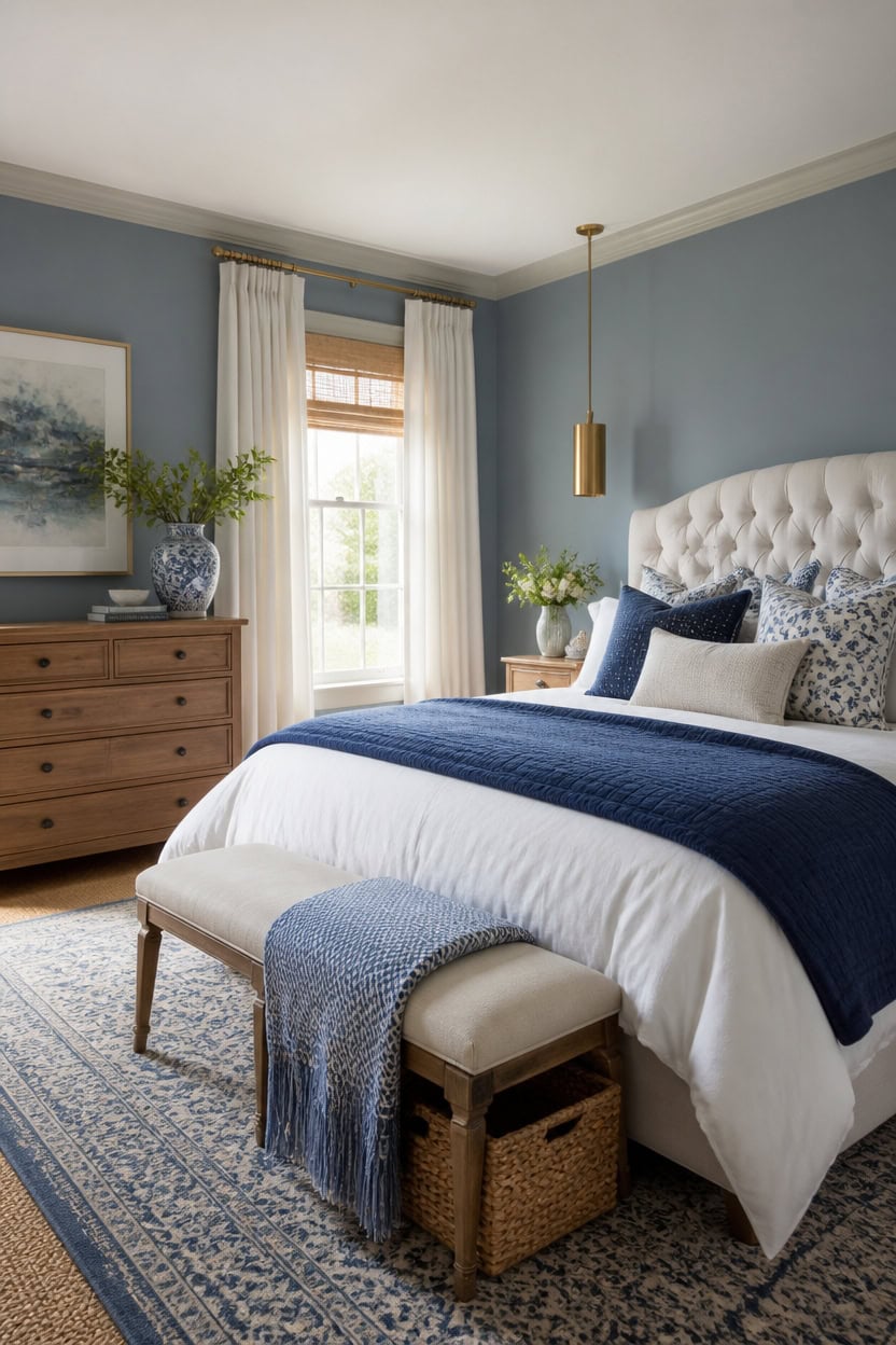 durable blue and white bedroom vignette