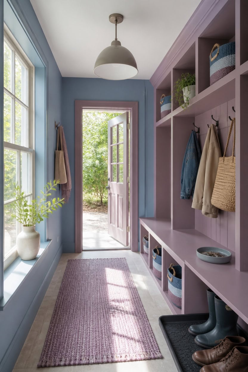 dusty blue mauve mudroom