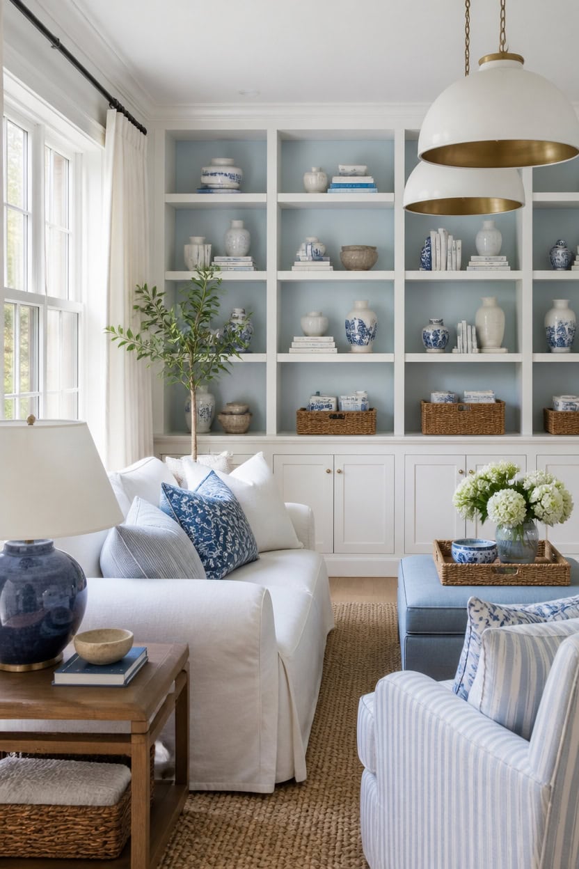 effortless layered blue white bookshelves