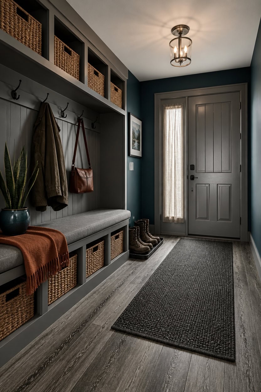 Inviting entryway with coat hooks, bench, and woven baskets for storage.