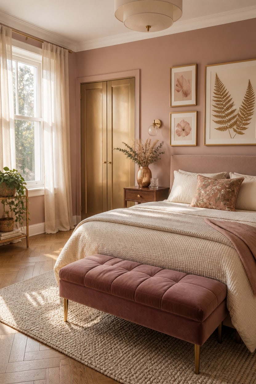 Bright bedroom with large window, soft bedding, and stylish wall art.