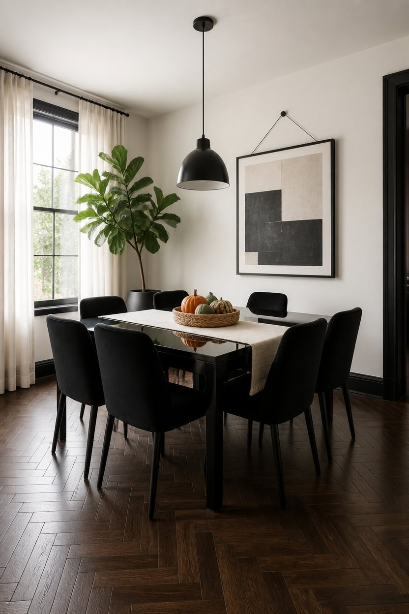Elegant dining room with black chairs, large window, and abstract wall art.