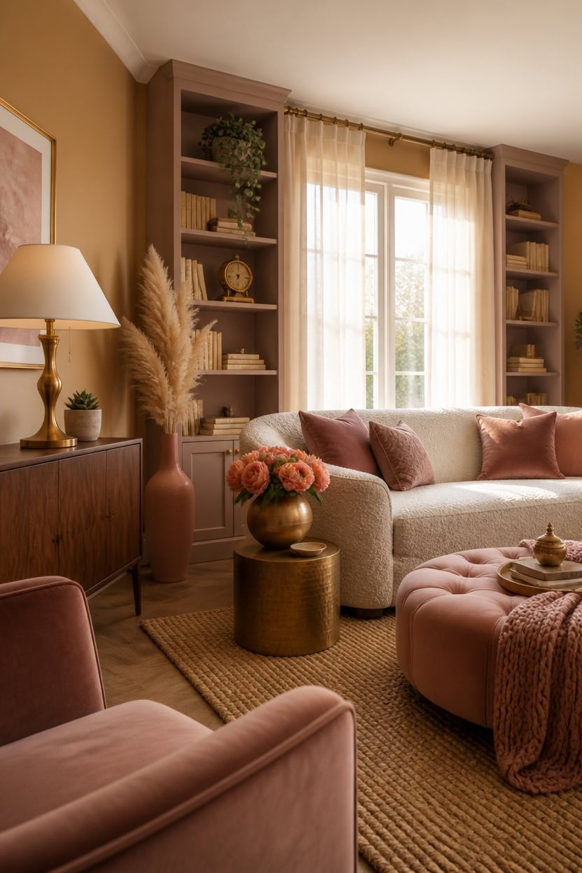 Stylish living room with beige sofa, pink armchair, and large window with curtains.