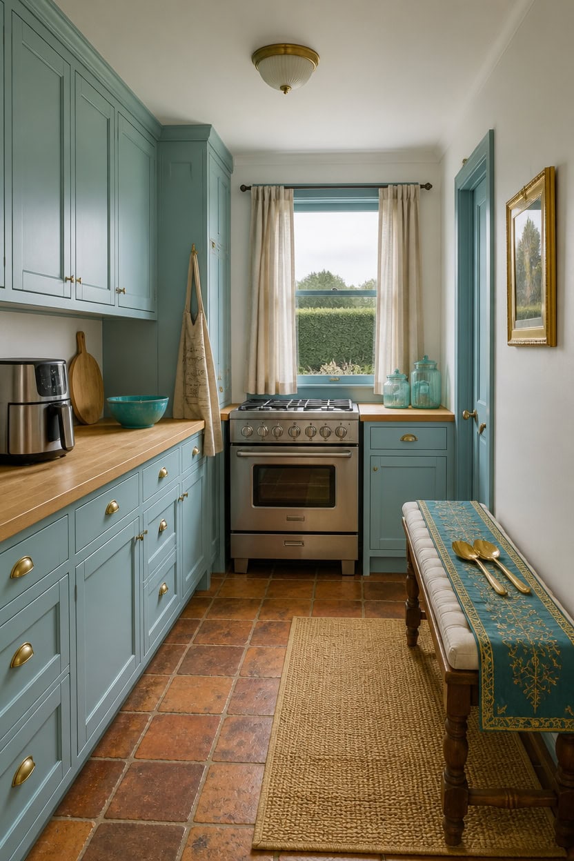 Cozy blue kitchen with vintage decor and natural light from window.