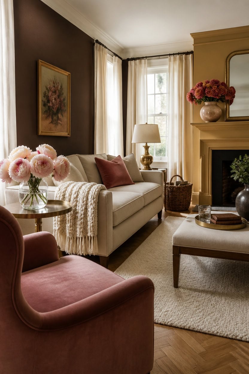 Elegant living room with cream sofa, pink armchair, and floral decor.