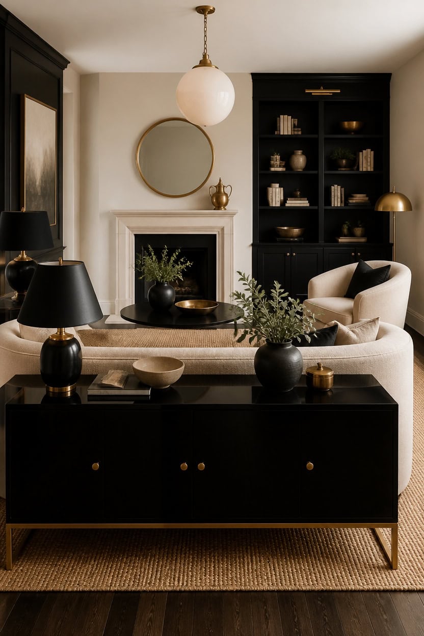 glossy black anchored by brass