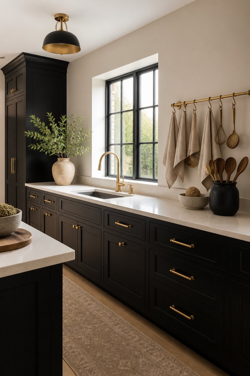 gold accents unify beige black