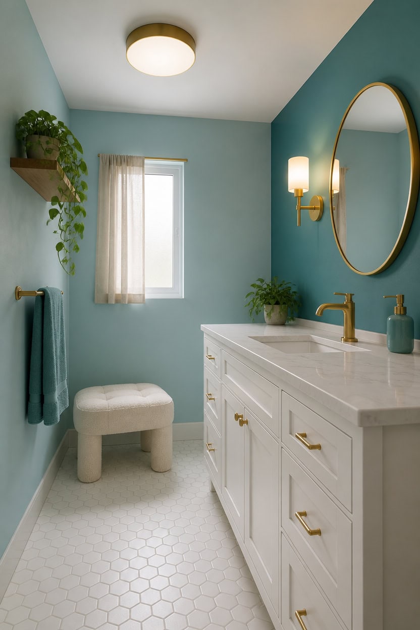Bright bathroom with blue walls, white vanity, gold fixtures, and a round mirror.