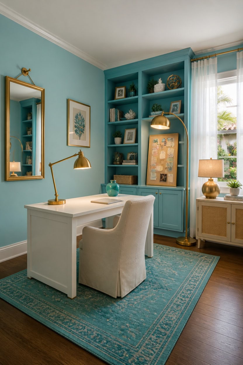 gold lit turquoise shelf nook