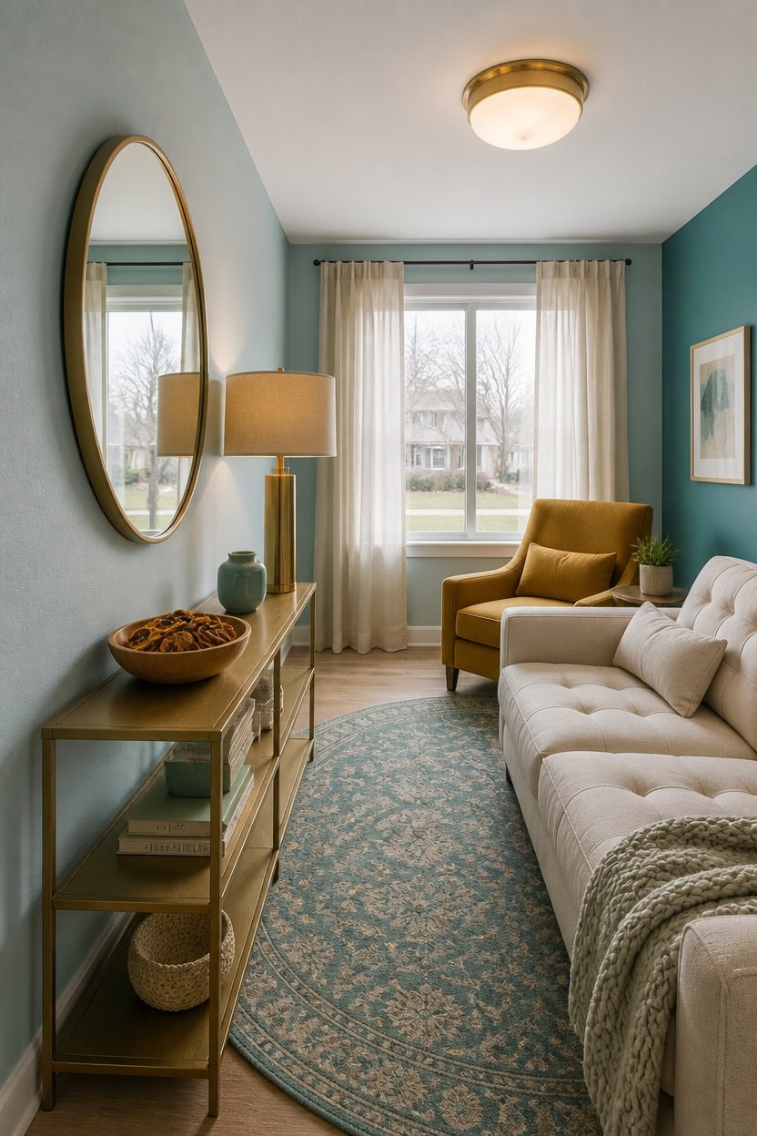 Bright living room with beige sofa, yellow armchair, and large window.