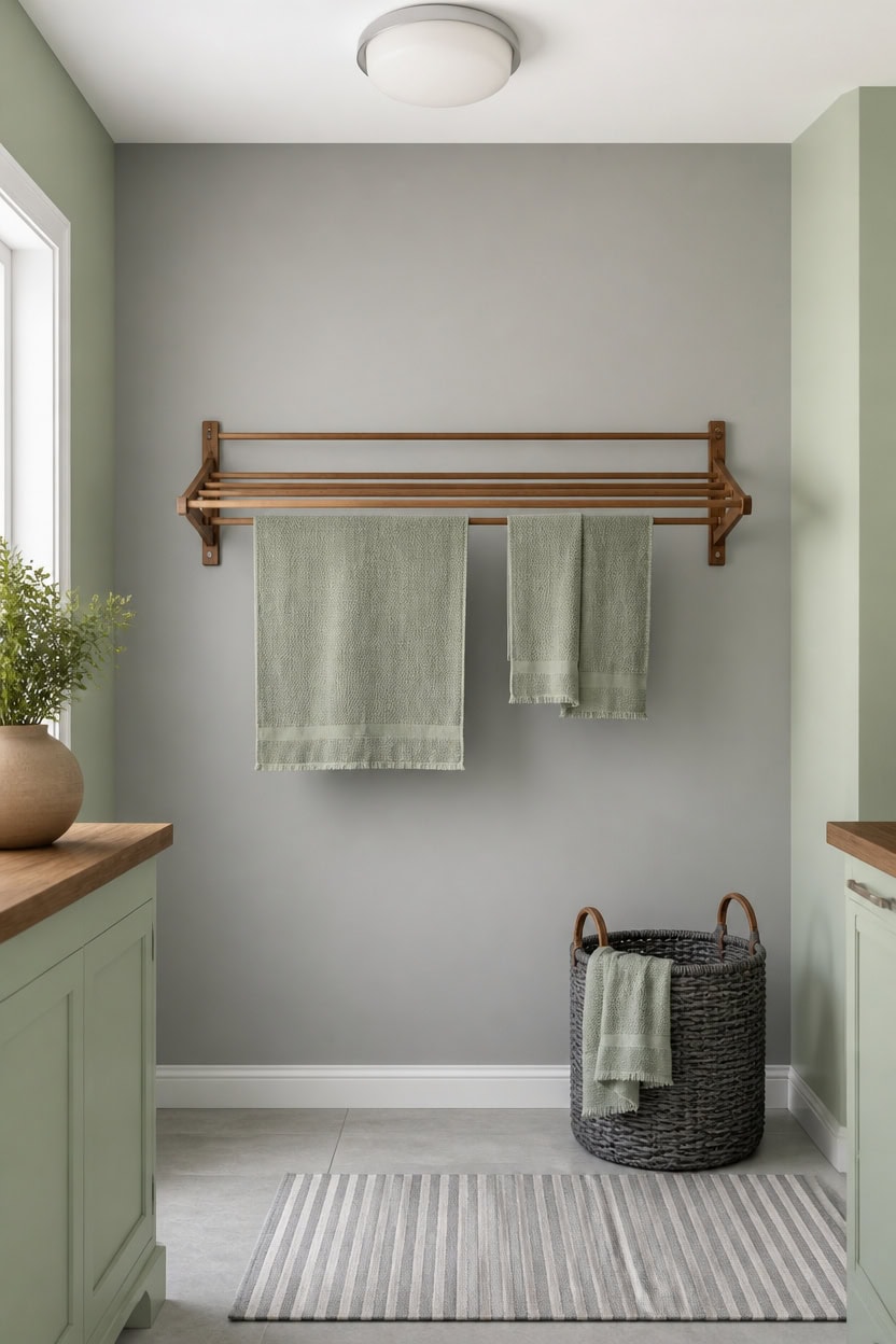 gray accented green laundry nook