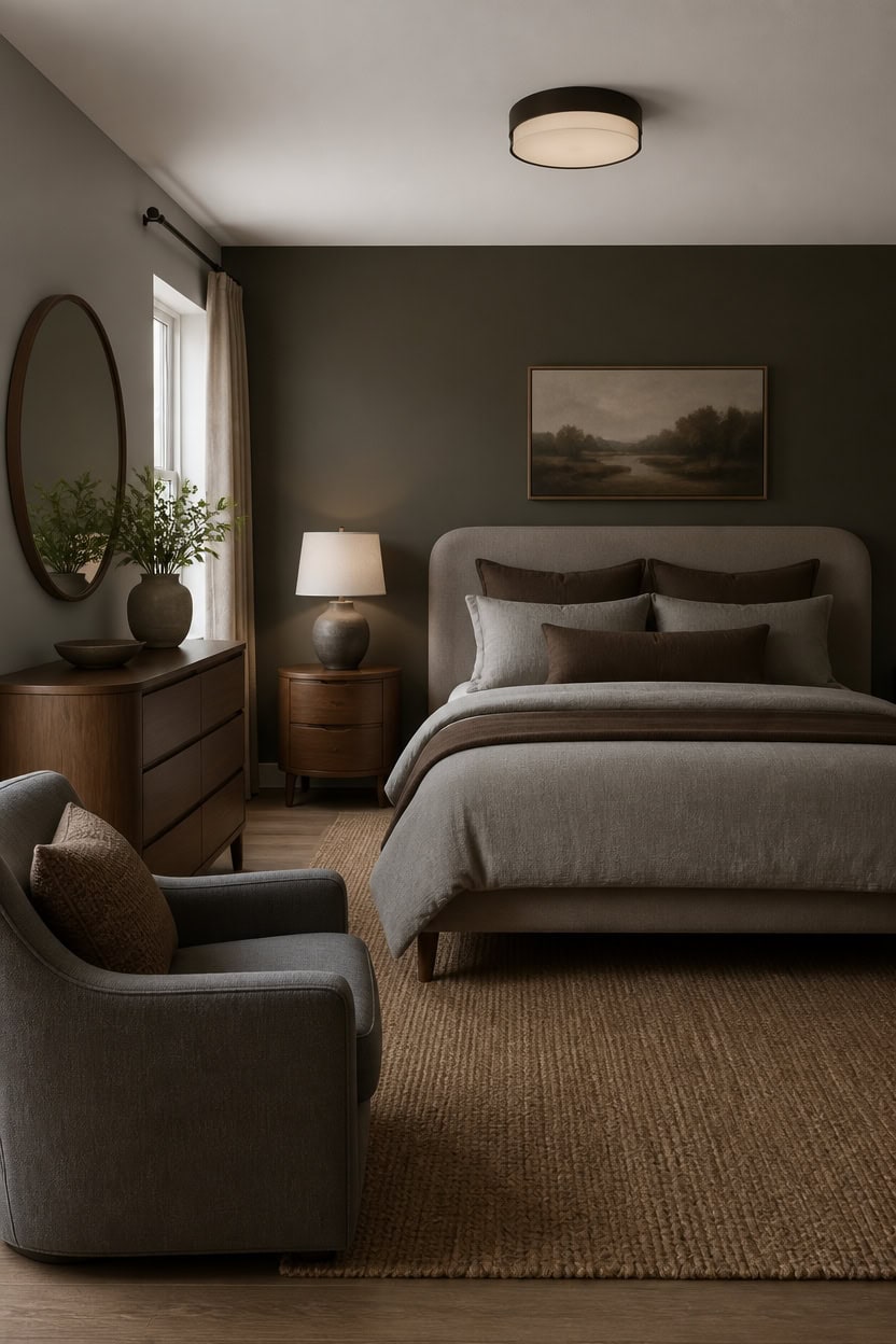 gray and brown bedroom styling