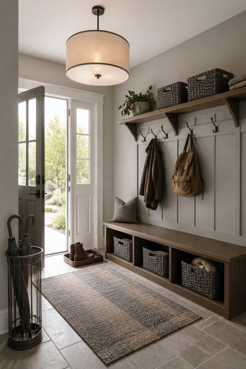 gray and brown mudroom makeover