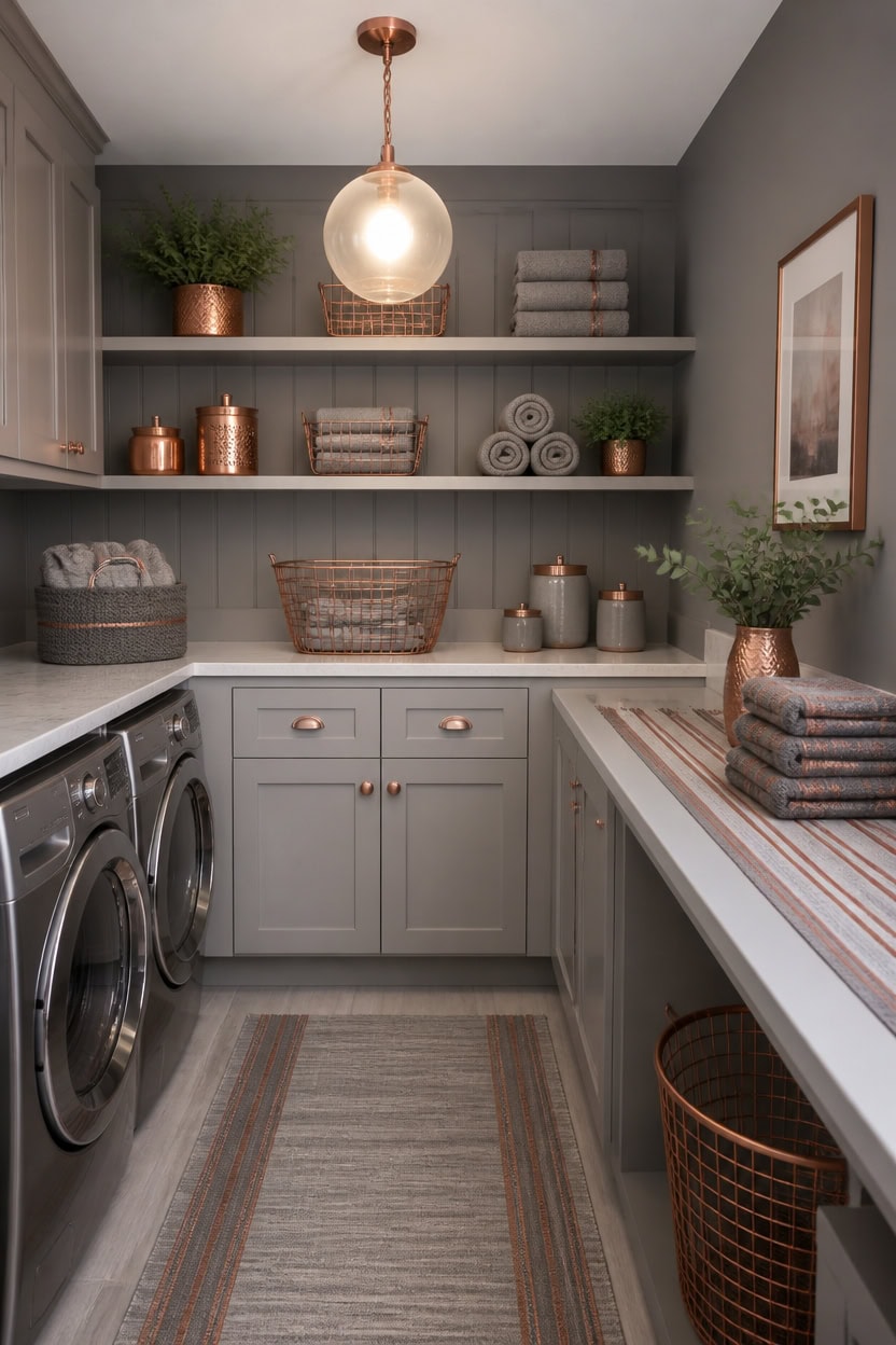 gray and copper laundry vignette