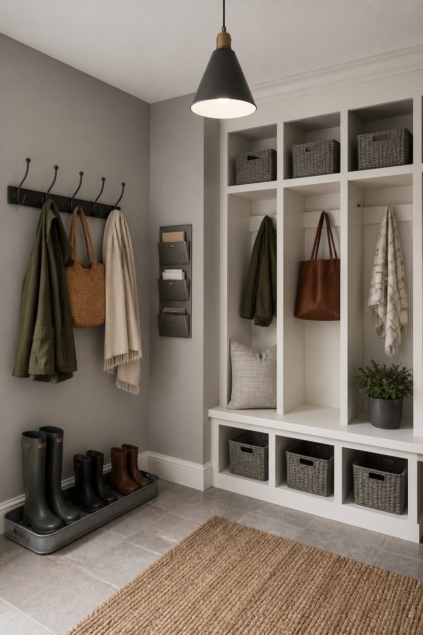 gray and white mudroom hardware