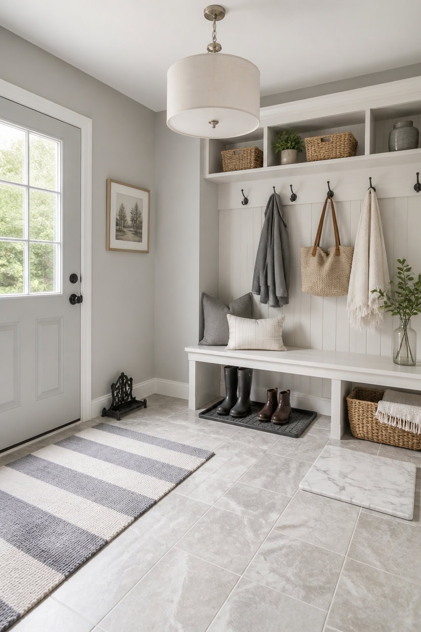gray and white porcelain mudroom