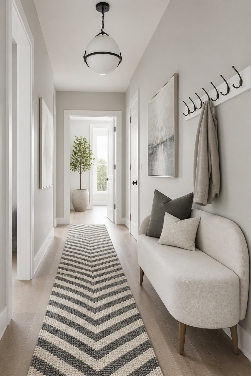 gray and white runner hallway