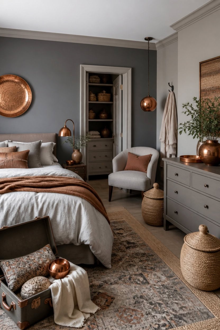 gray backed copper accented rotating bedroom