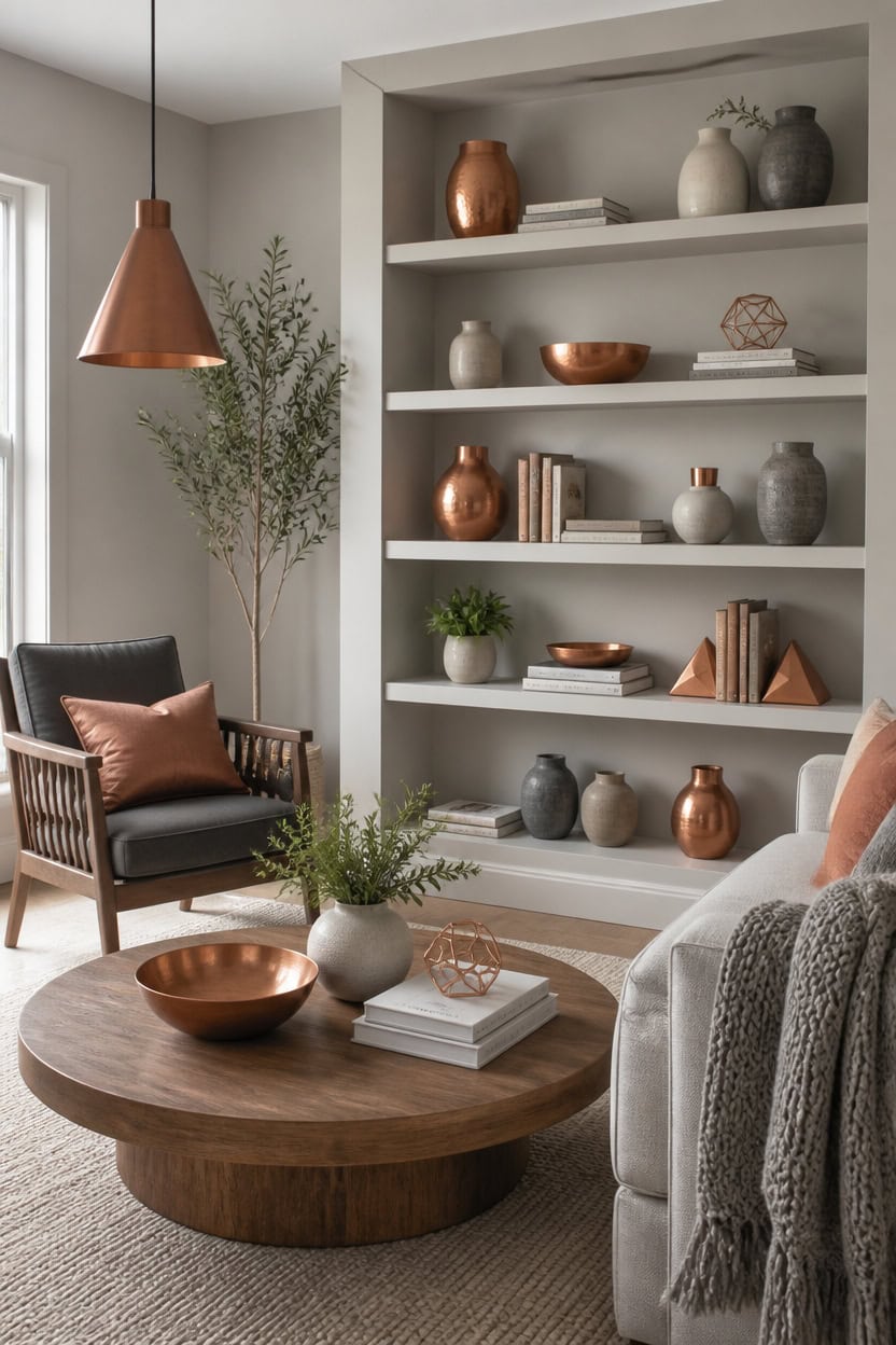 gray copper curated shelves