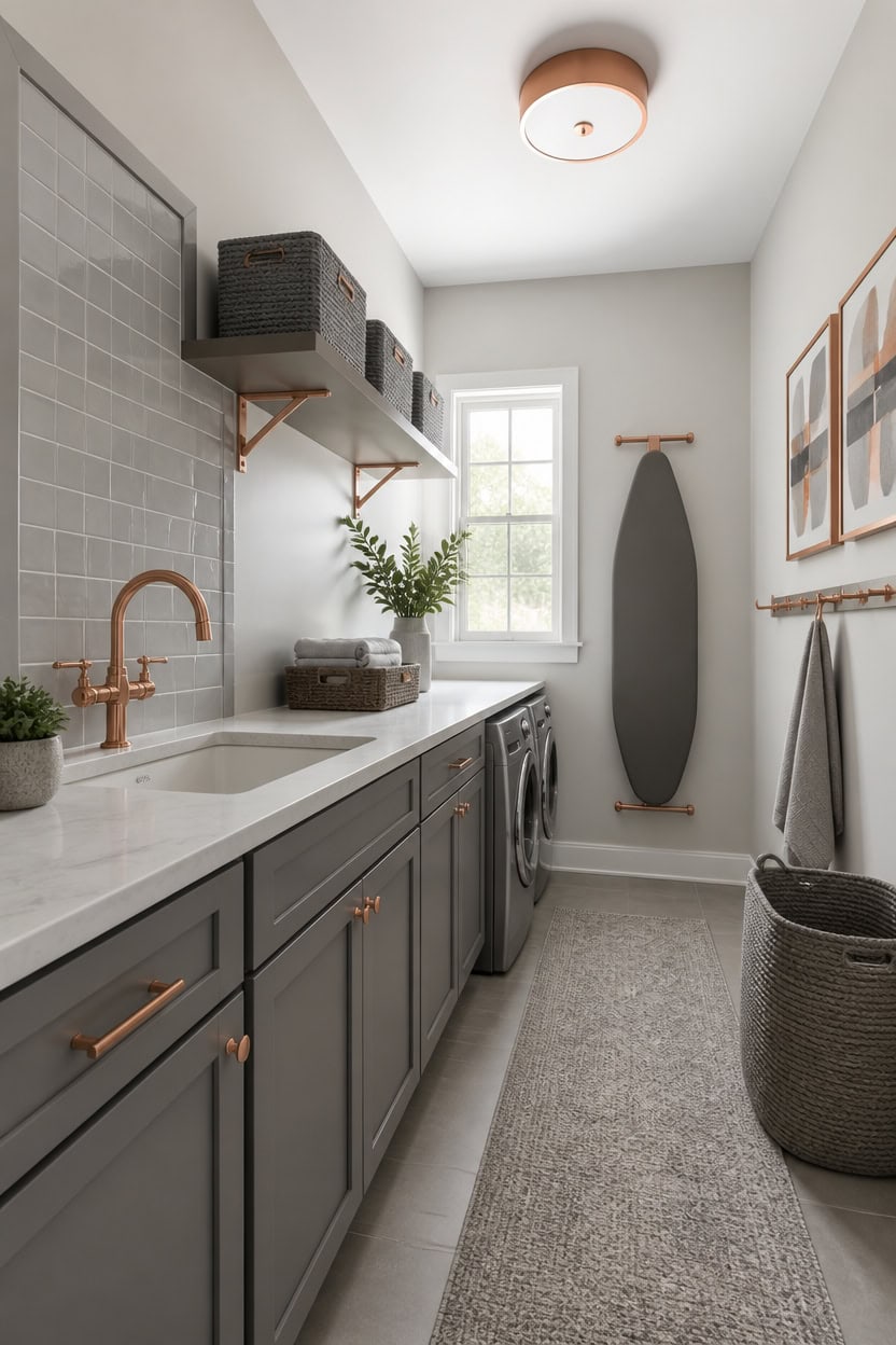 gray copper laundry nook