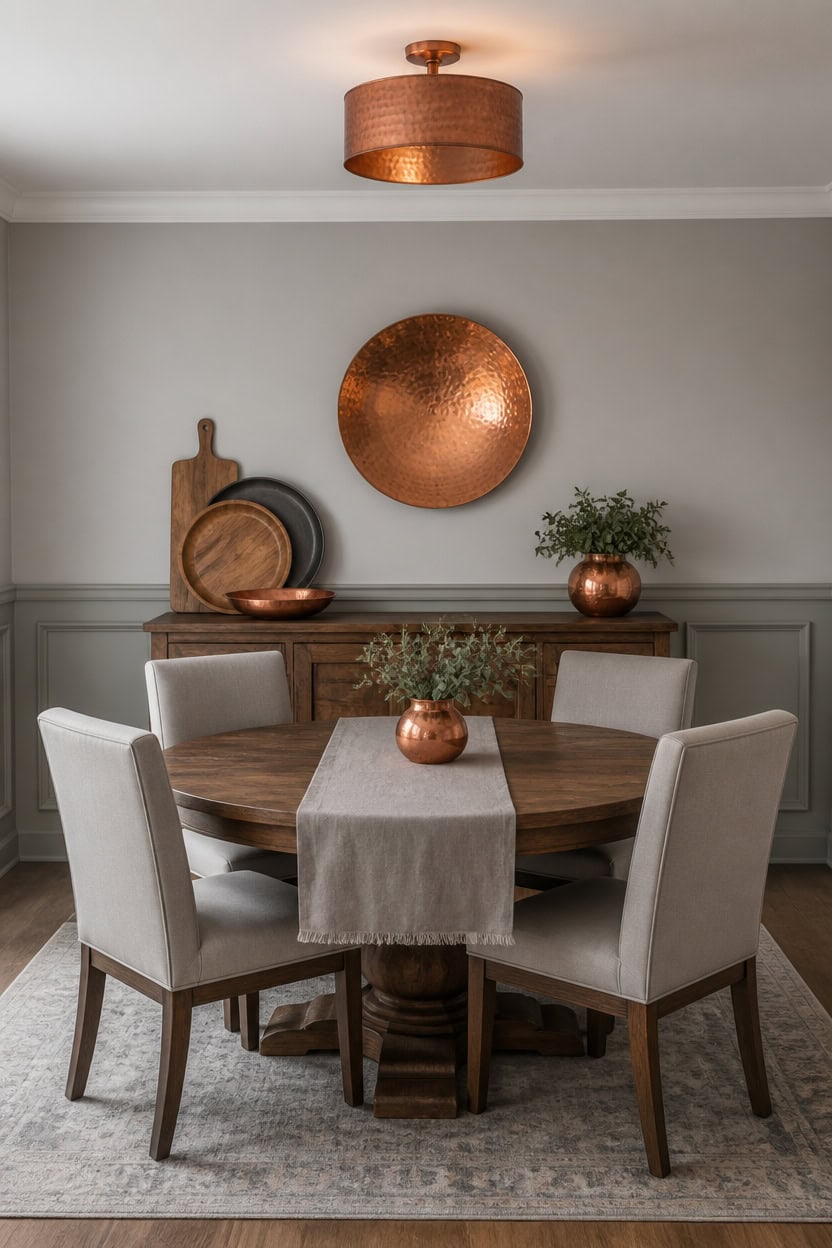 gray copper layered dining vignette