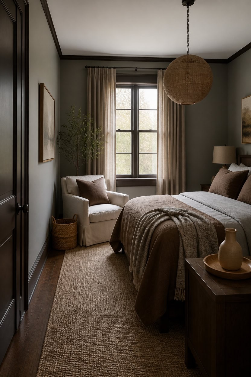 gray dominant bedroom with brown