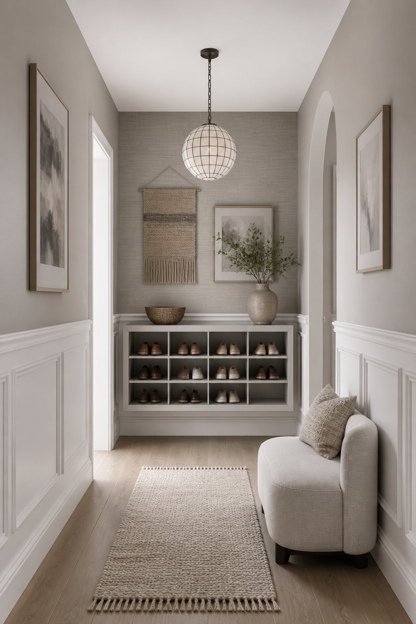 gray horse wainscoting with shoerack