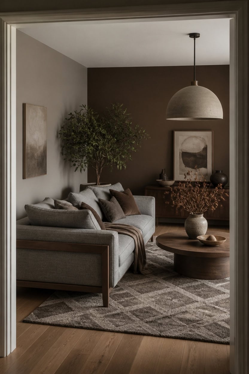 gray sofa brown accent