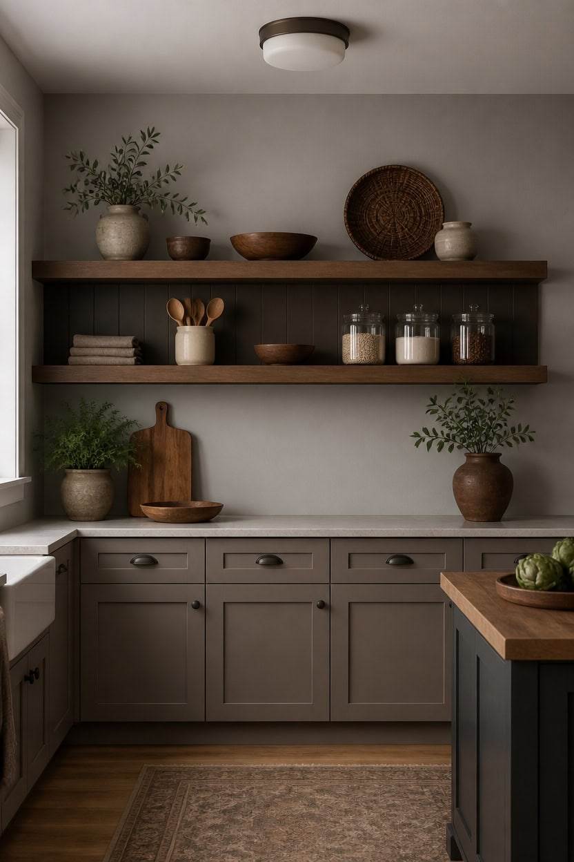 gray walls brown backed shelves