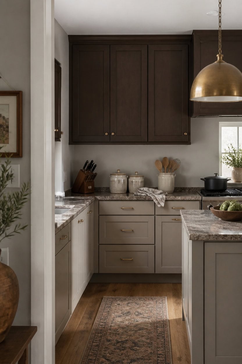 gray walls brown cabinets